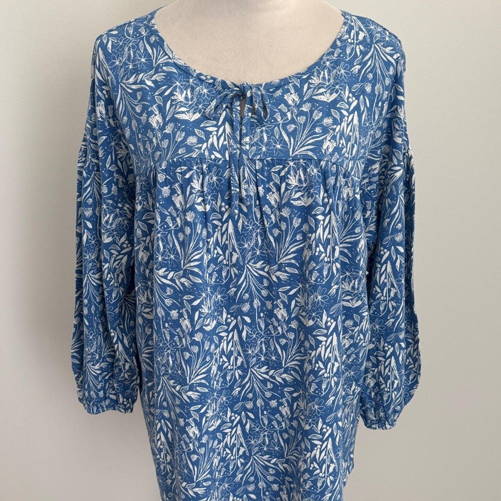 Style & Co. Blue and White Leaf Print Blouse